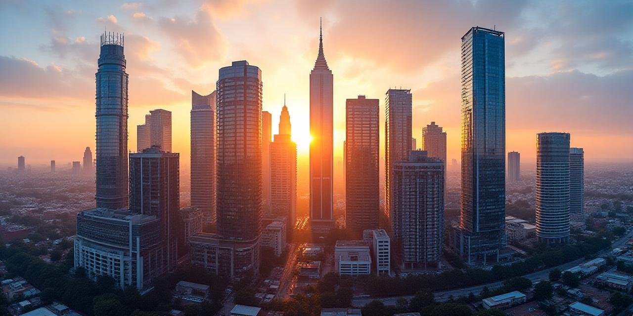 Panoramic view of the Johannesburg financial district with technological overlays