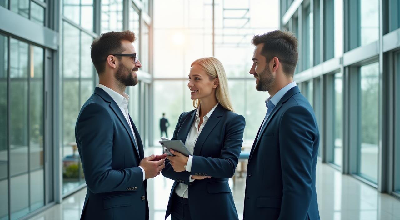 Financial professionals networking at a modern conference